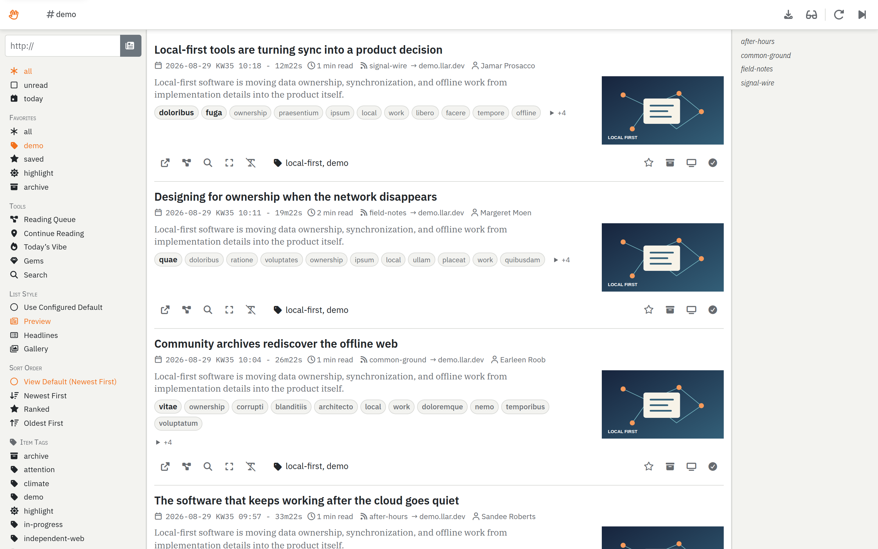 The LLAR Reader populated with deterministic demo content